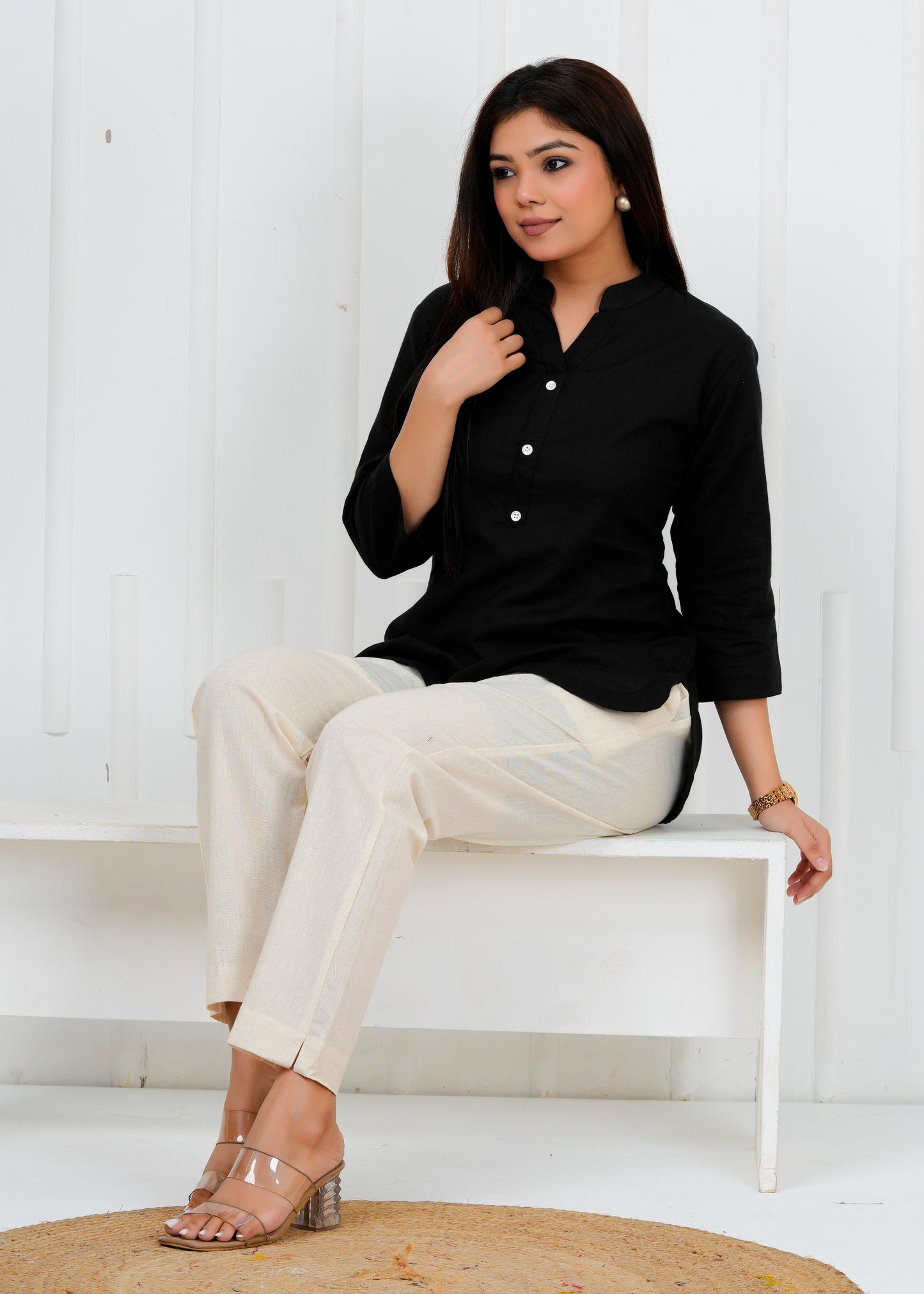 Cotton Linen Black Short Kurti