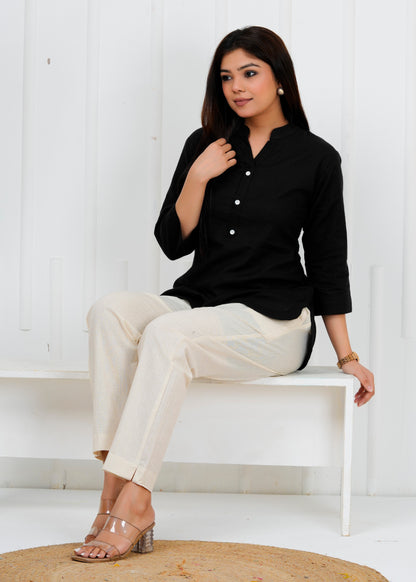 Cotton Linen Black Short Kurti