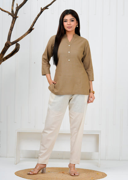 Cotton Linen Camel Short Kurti