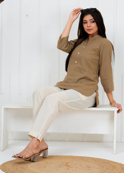 Cotton Linen Camel Short Kurti