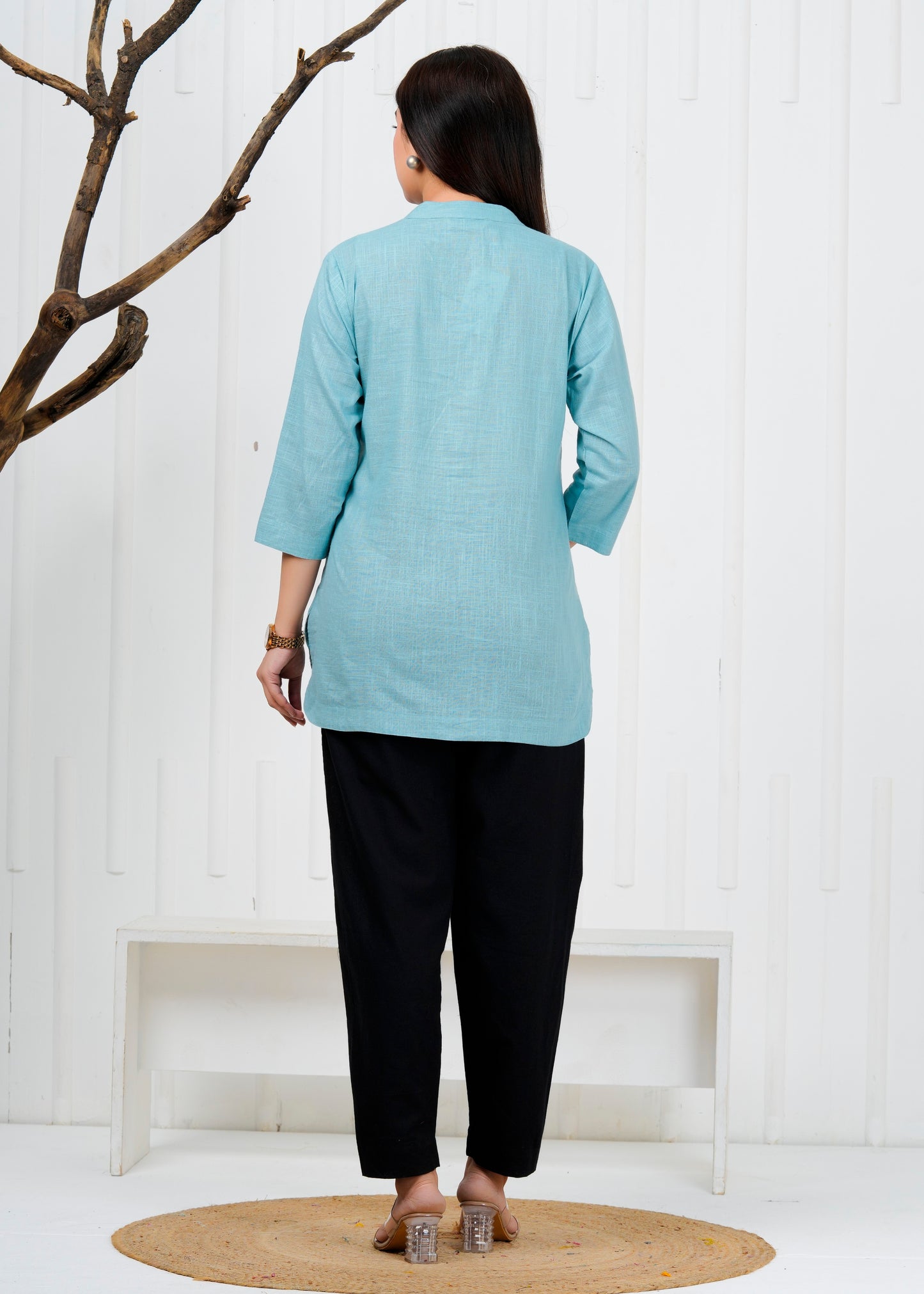 Cotton Linen Cadet Sky Blue Short Kurti