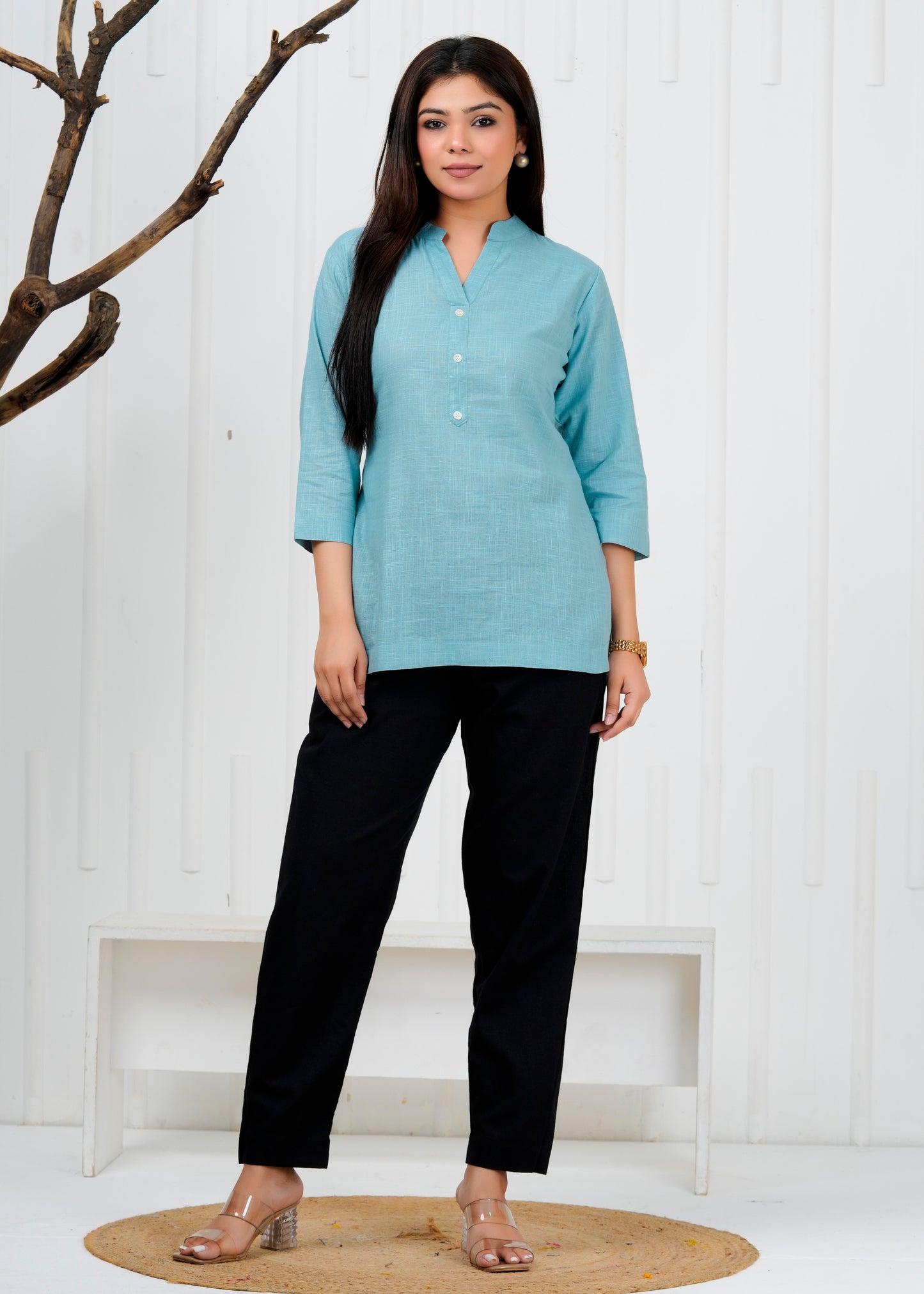Cotton Linen Cadet Sky Blue Short Kurti
