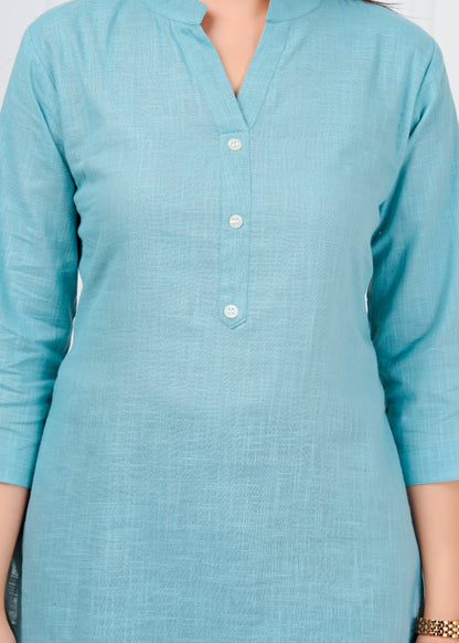 Cotton Linen Cadet Sky Blue Short Kurti