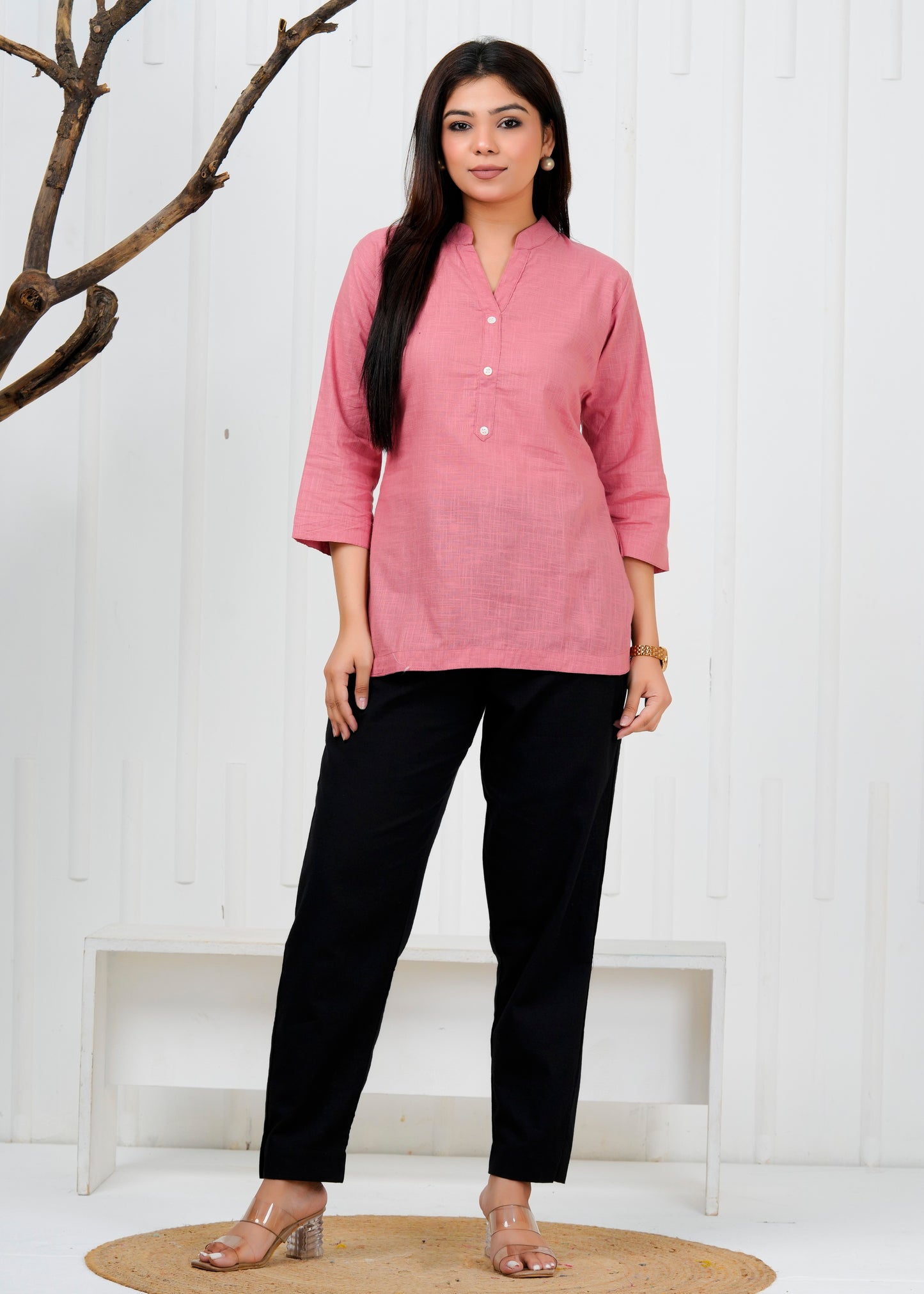 Cotton Linen Onion Pink Short Kurti