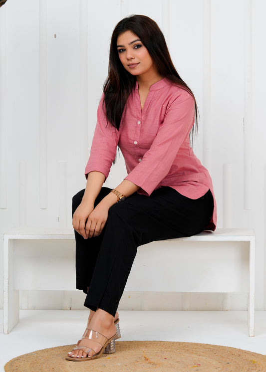 Cotton Linen Onion Pink Short Kurti