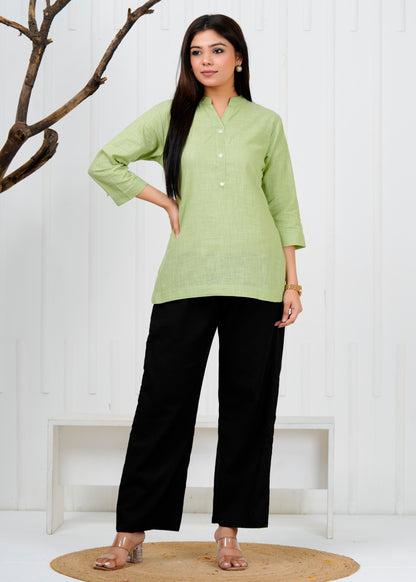 Cotton Linen Mint Green Short Kurti