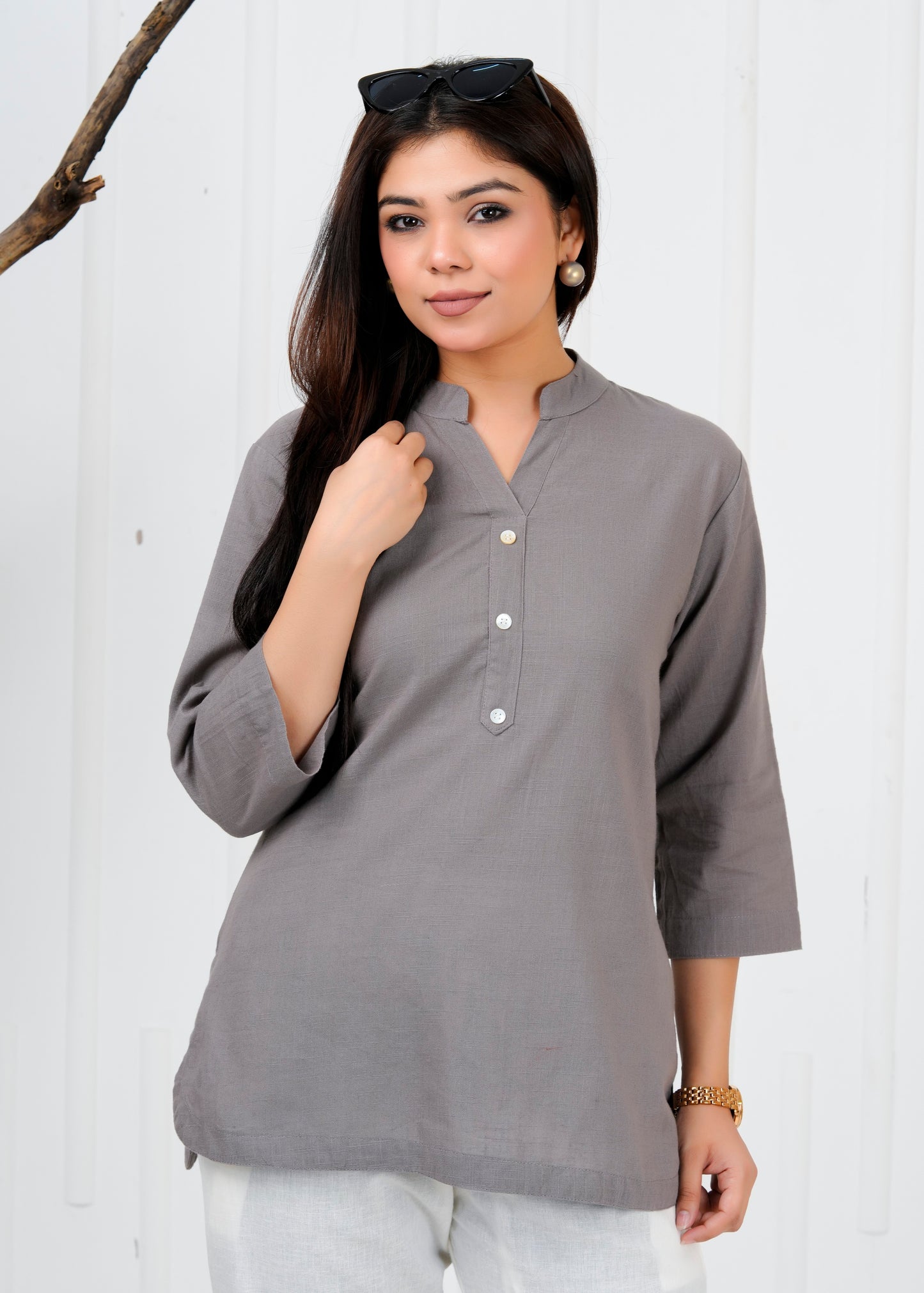 Cotton Linen Grey Short Kurti