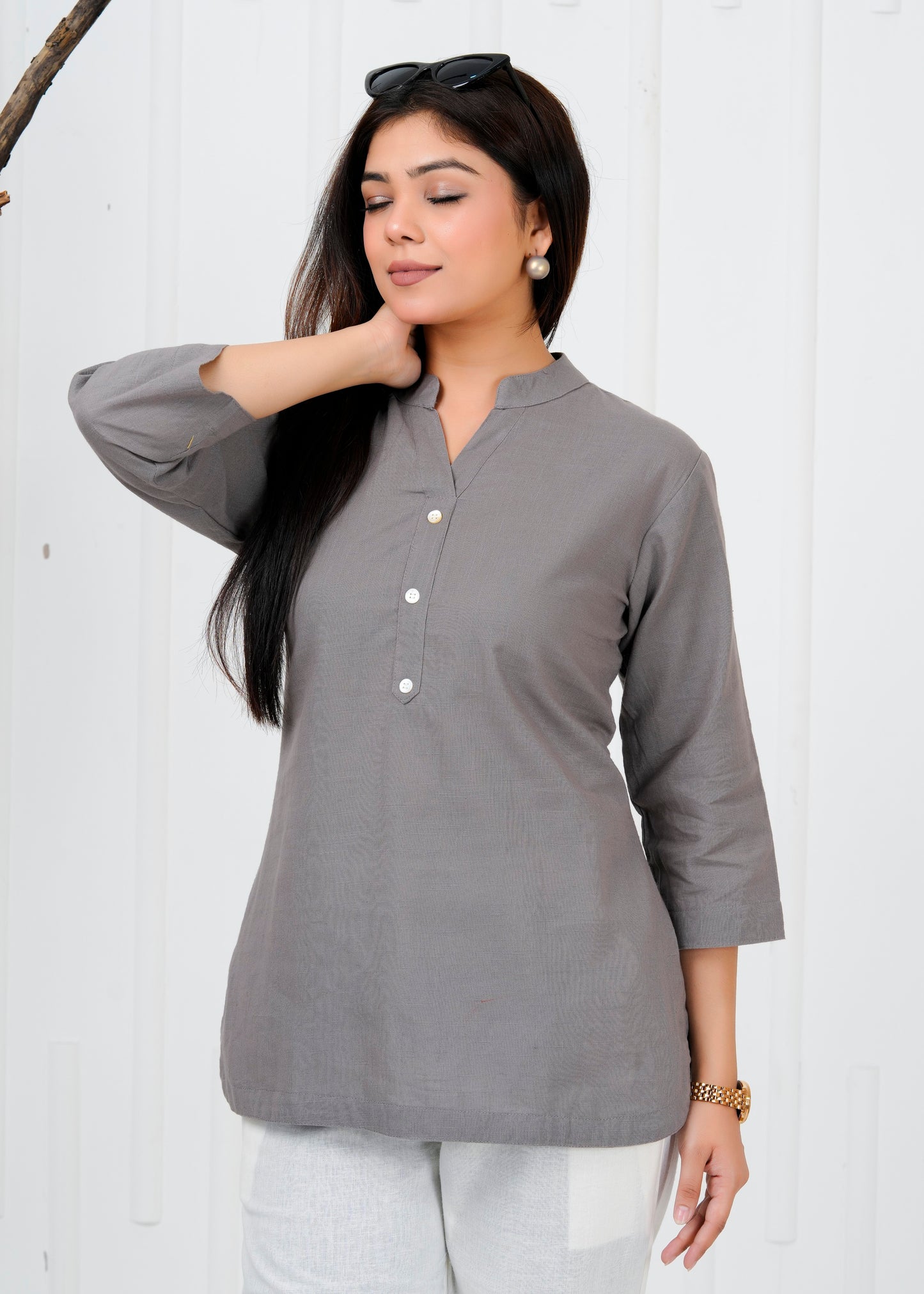 Cotton Linen Grey Short Kurti