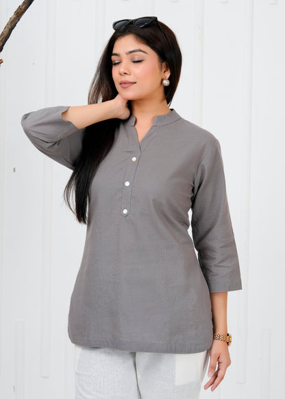 Cotton Linen Grey Short Kurti
