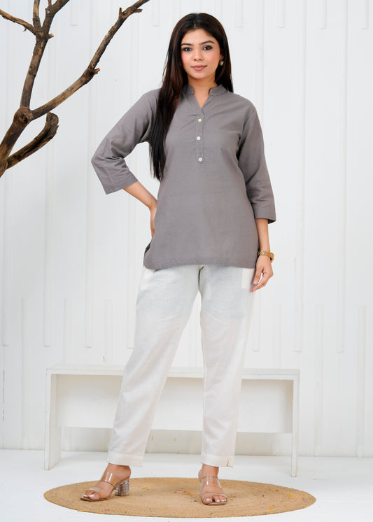 Cotton Linen Grey Short Kurti