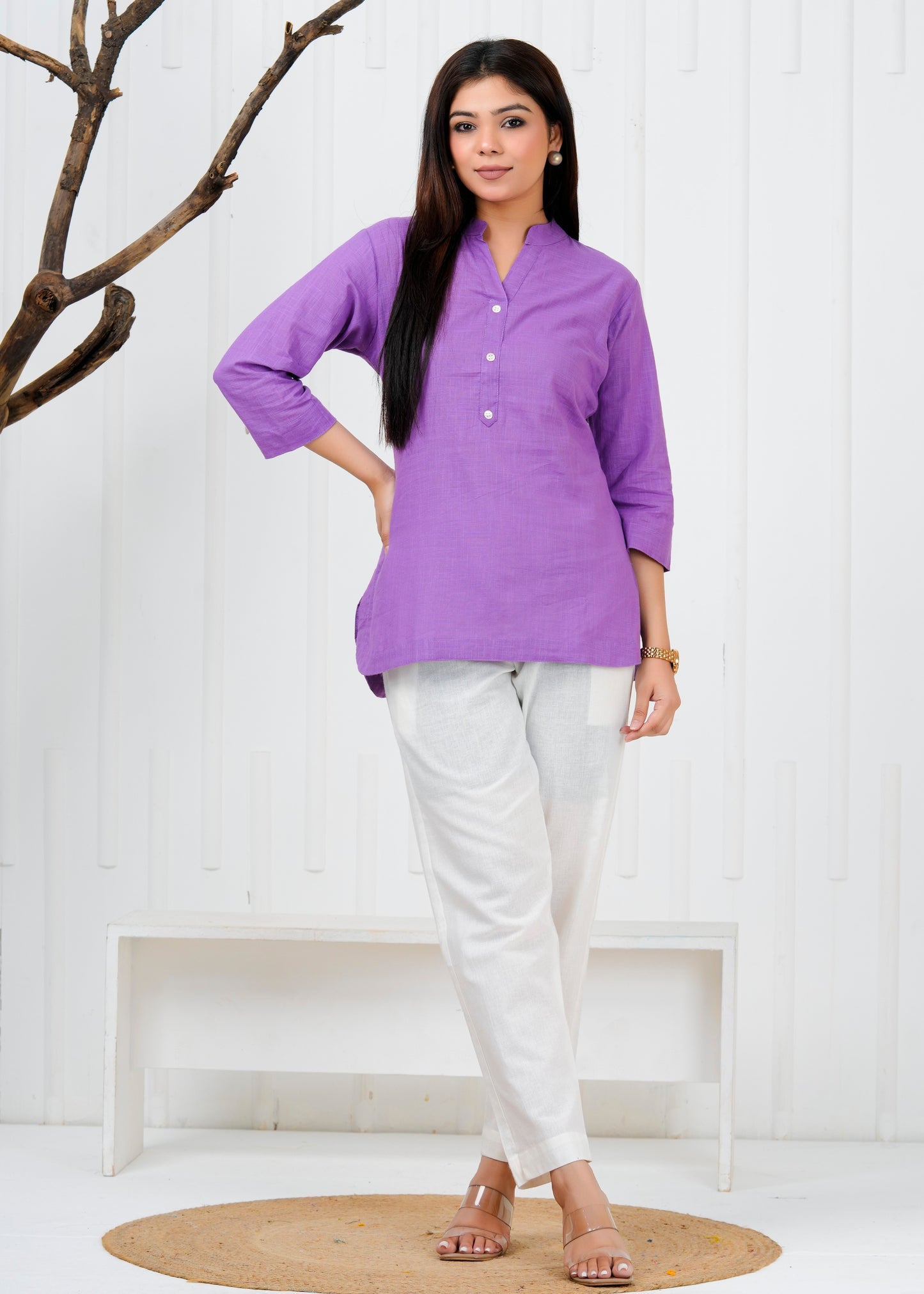 Cotton Linen Lilac Short Kurti