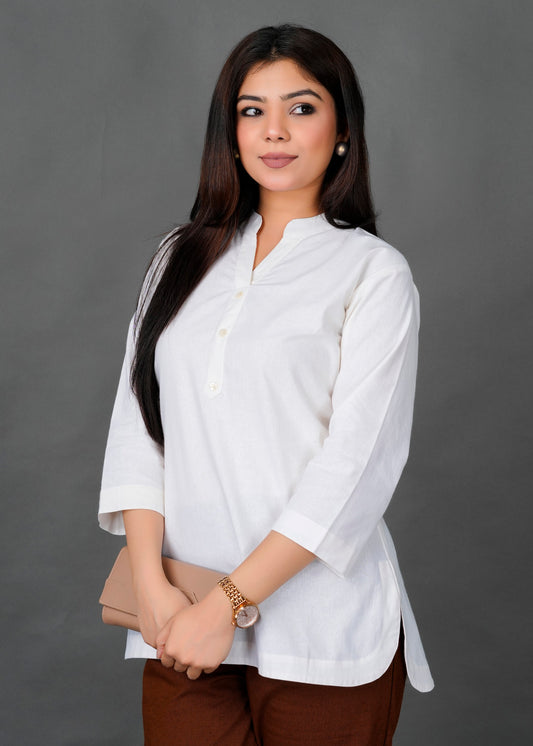 Cotton Linen White Short Kurti