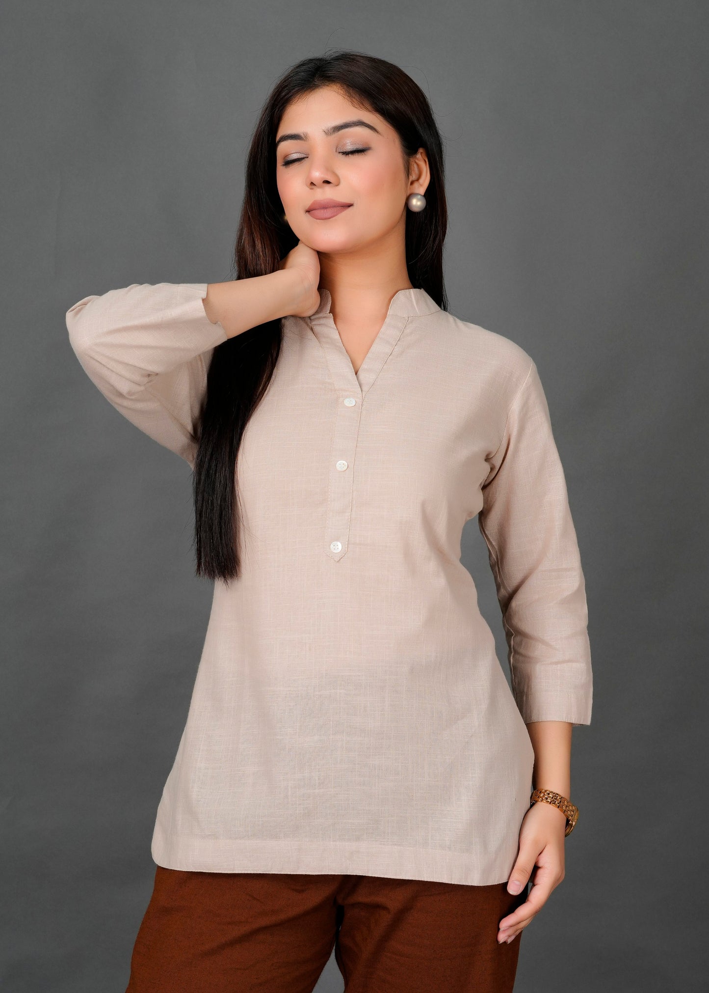 Cotton Linen Beige Short Kurti