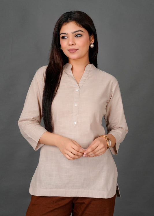 Cotton Linen Beige Short Kurti