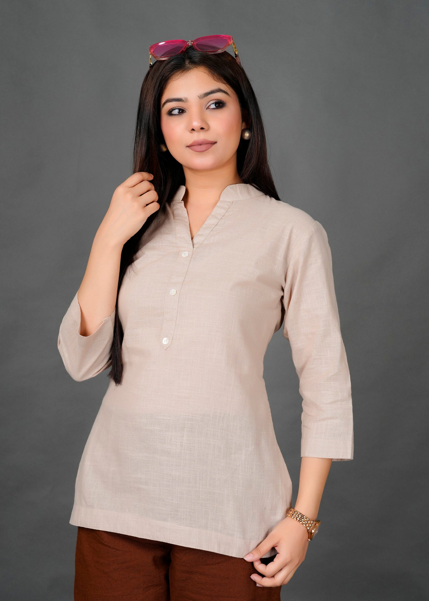 Cotton Linen Beige Short Kurti