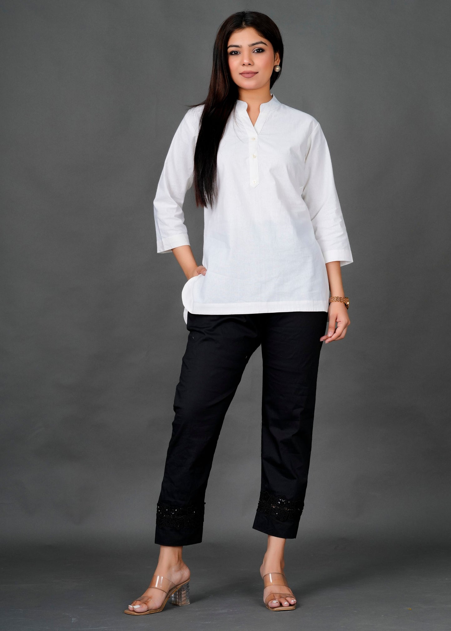 White Kurti with Black Lace Pant