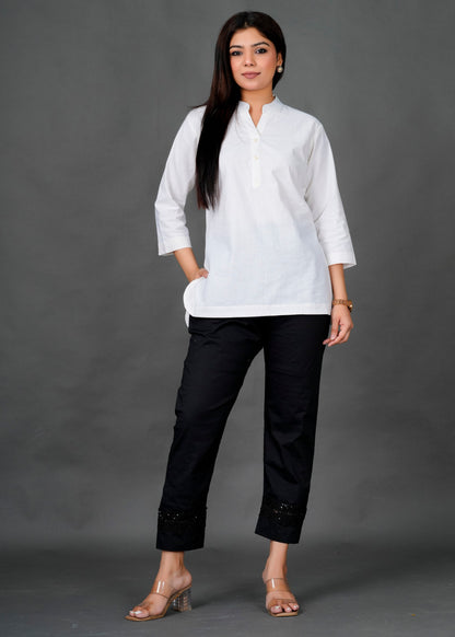 White Kurti with Black Lace Pant