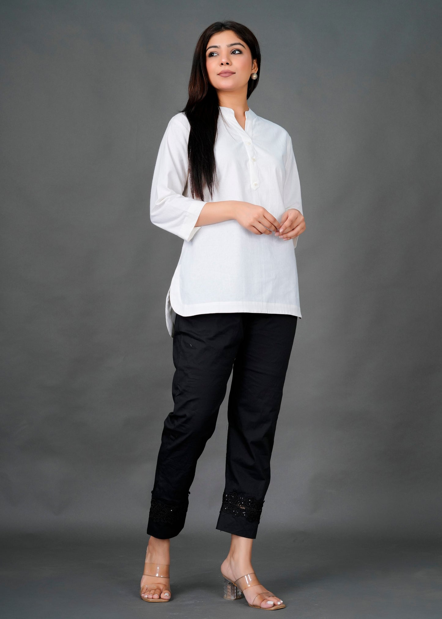 White Kurti with Black Lace Pant