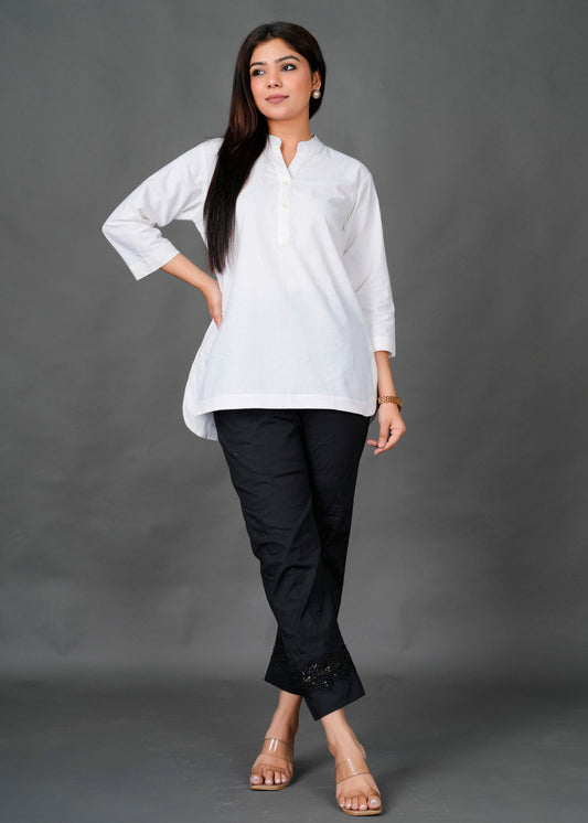 White Kurti with Black Lace Pant