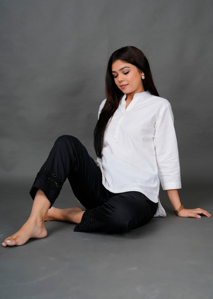 White Kurti with Black Lace Pant