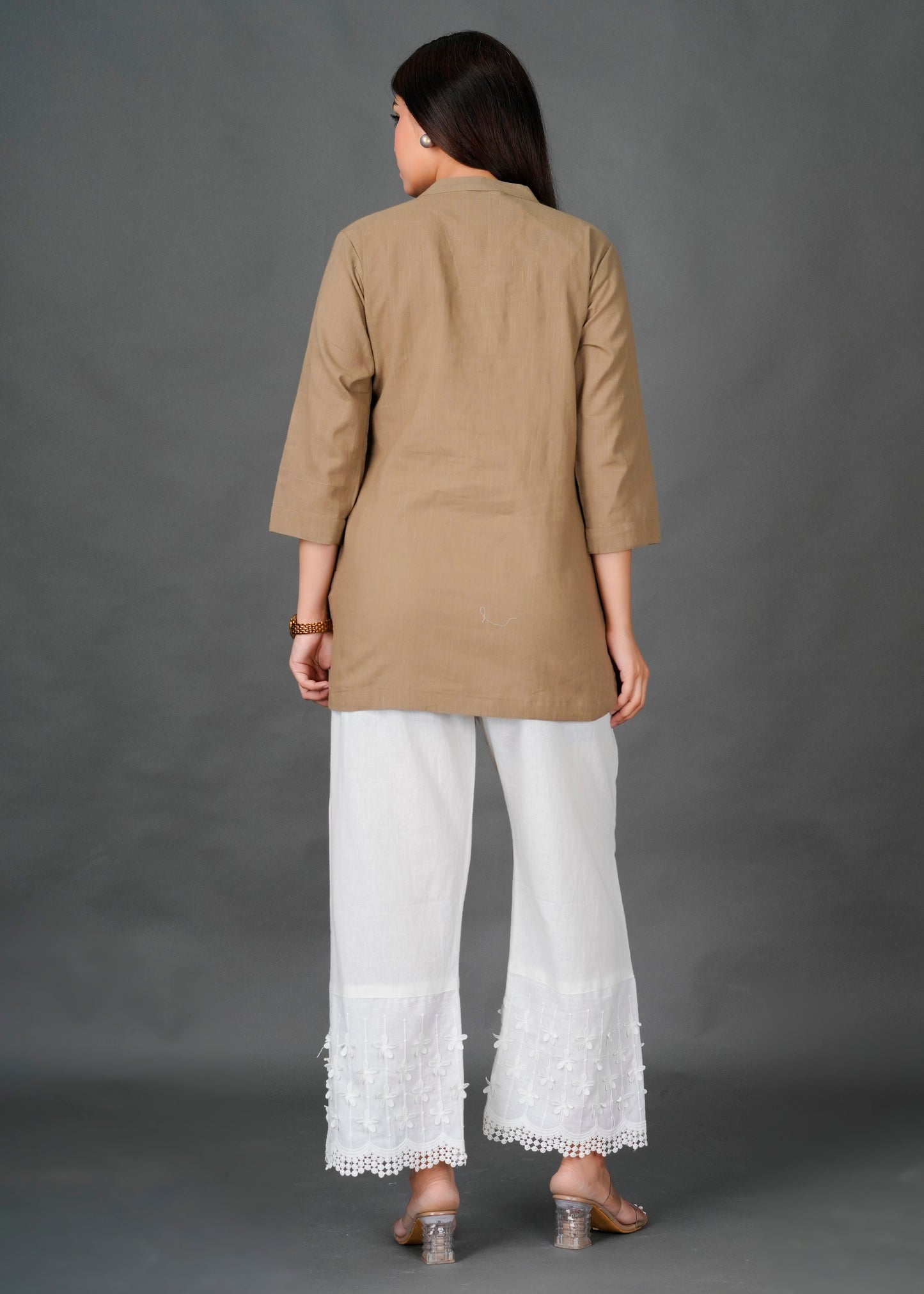 Camel Kurti with White 3D Pant