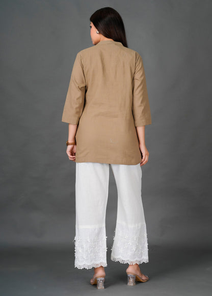 Camel Kurti with White 3D Pant