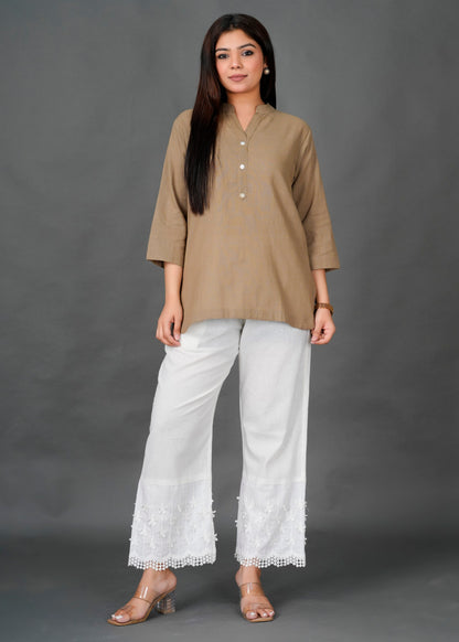 Camel Kurti with White 3D Pant