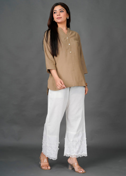Camel Kurti with White 3D Pant