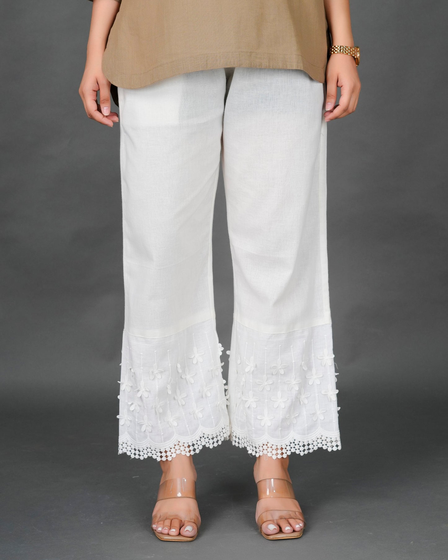 Camel Kurti with White 3D Pant