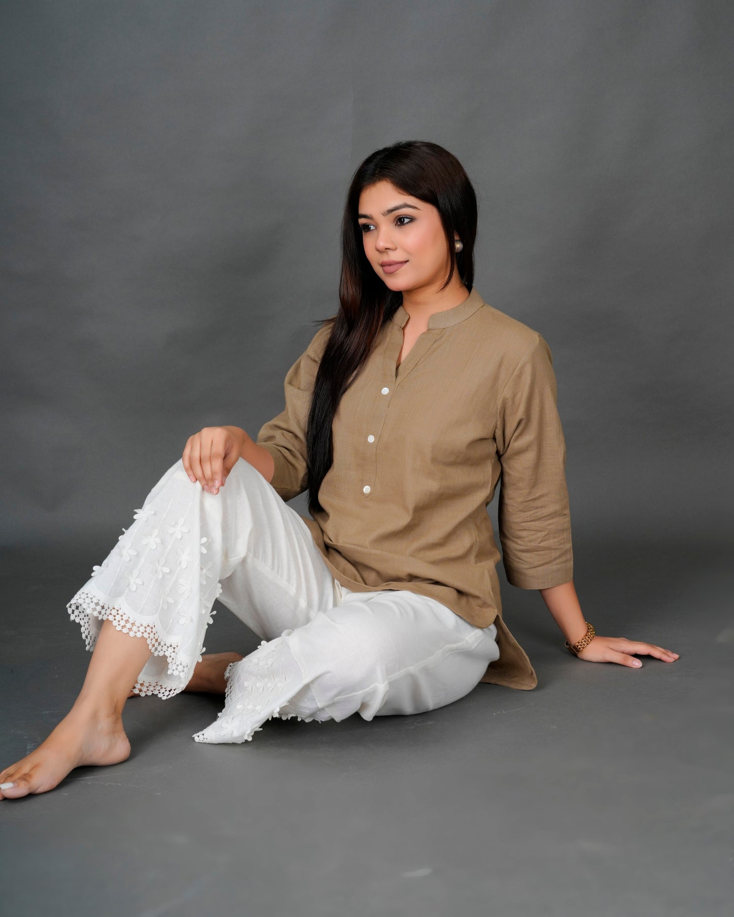 Camel Kurti with White 3D Pant