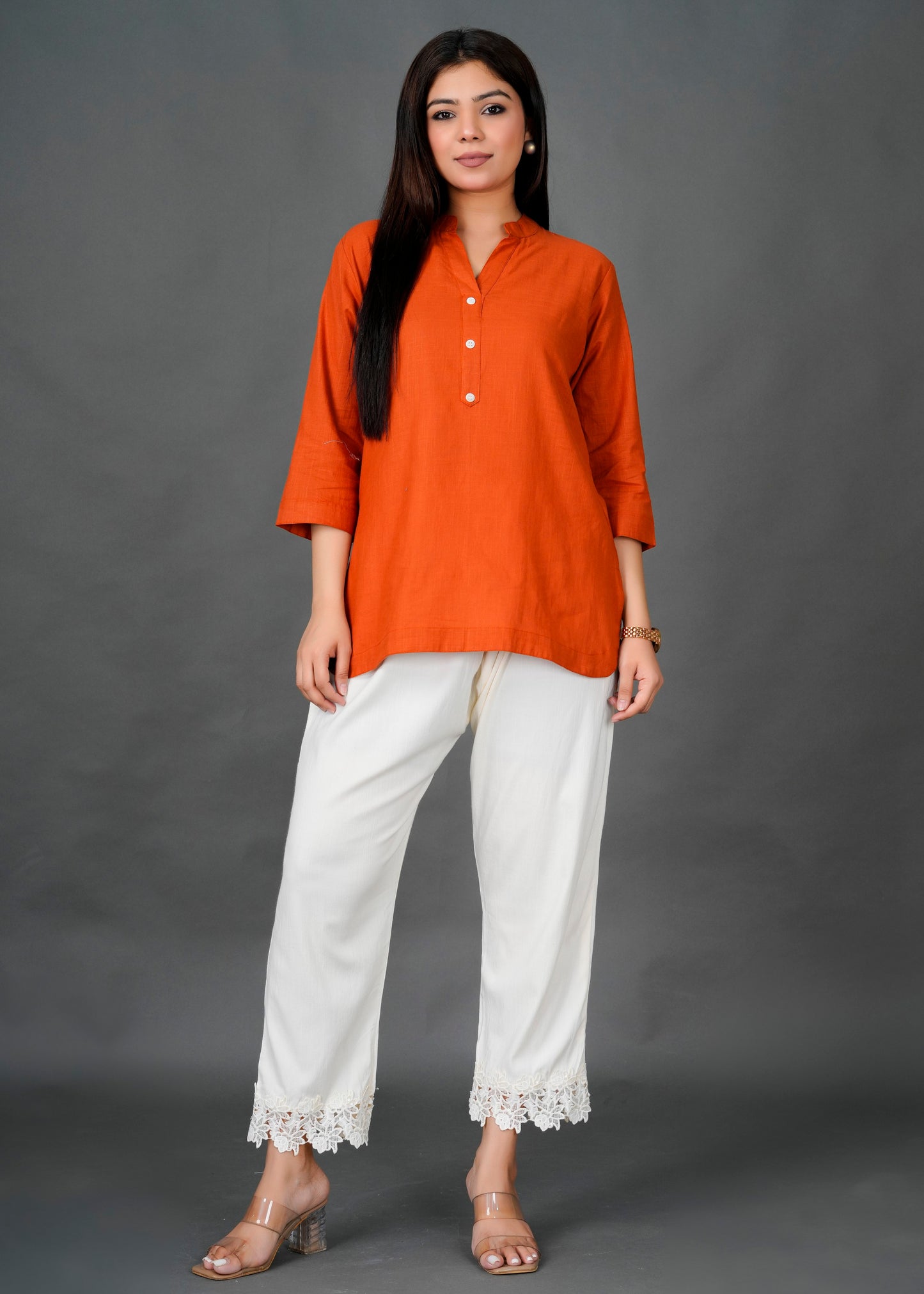 Rust Kurti with White Lace Pant