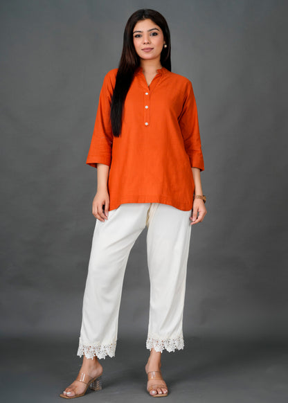 Rust Kurti with White Lace Pant