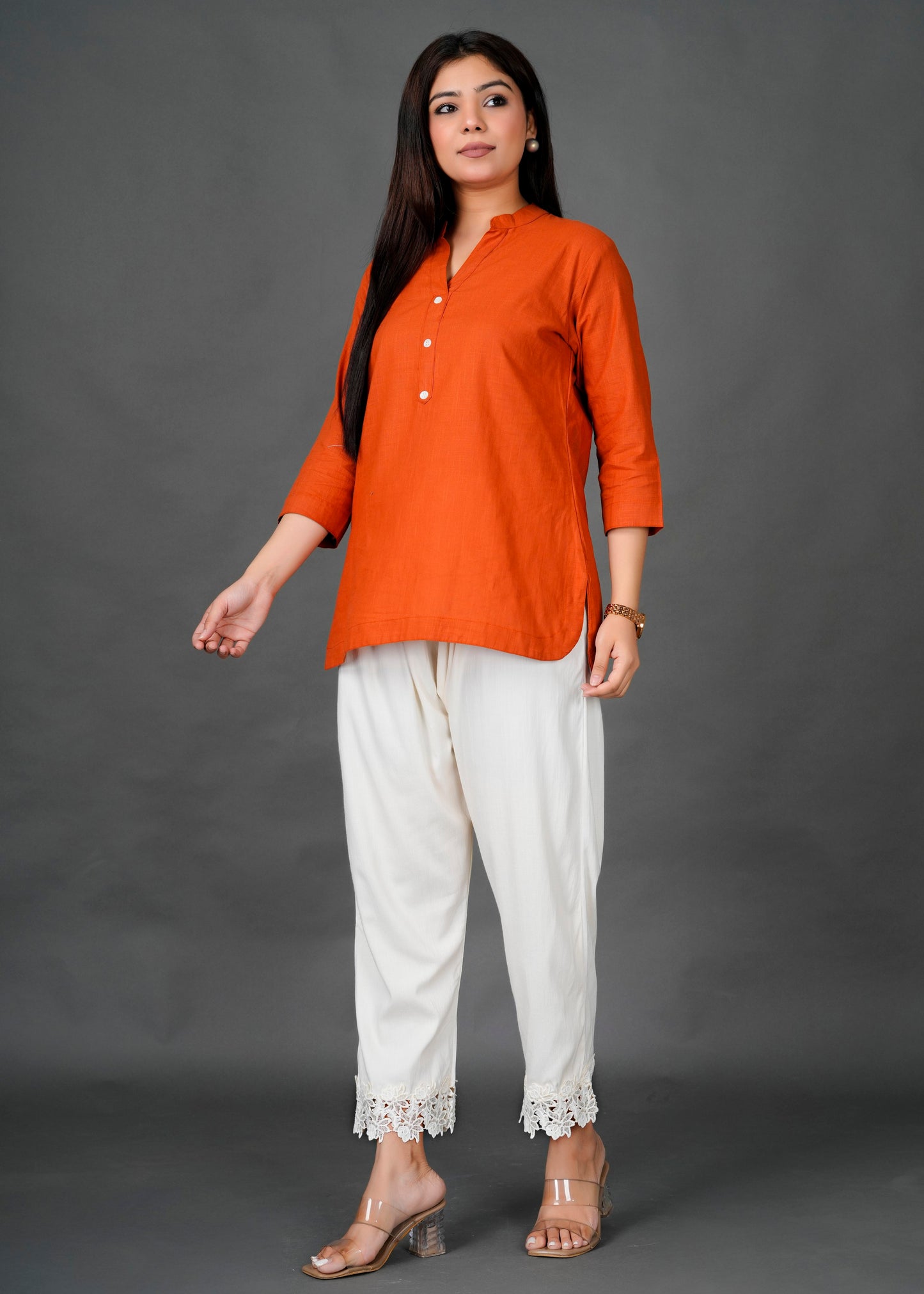Rust Kurti with White Lace Pant