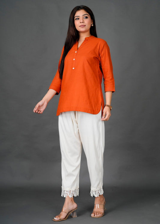 Rust Kurti with White Lace Pant