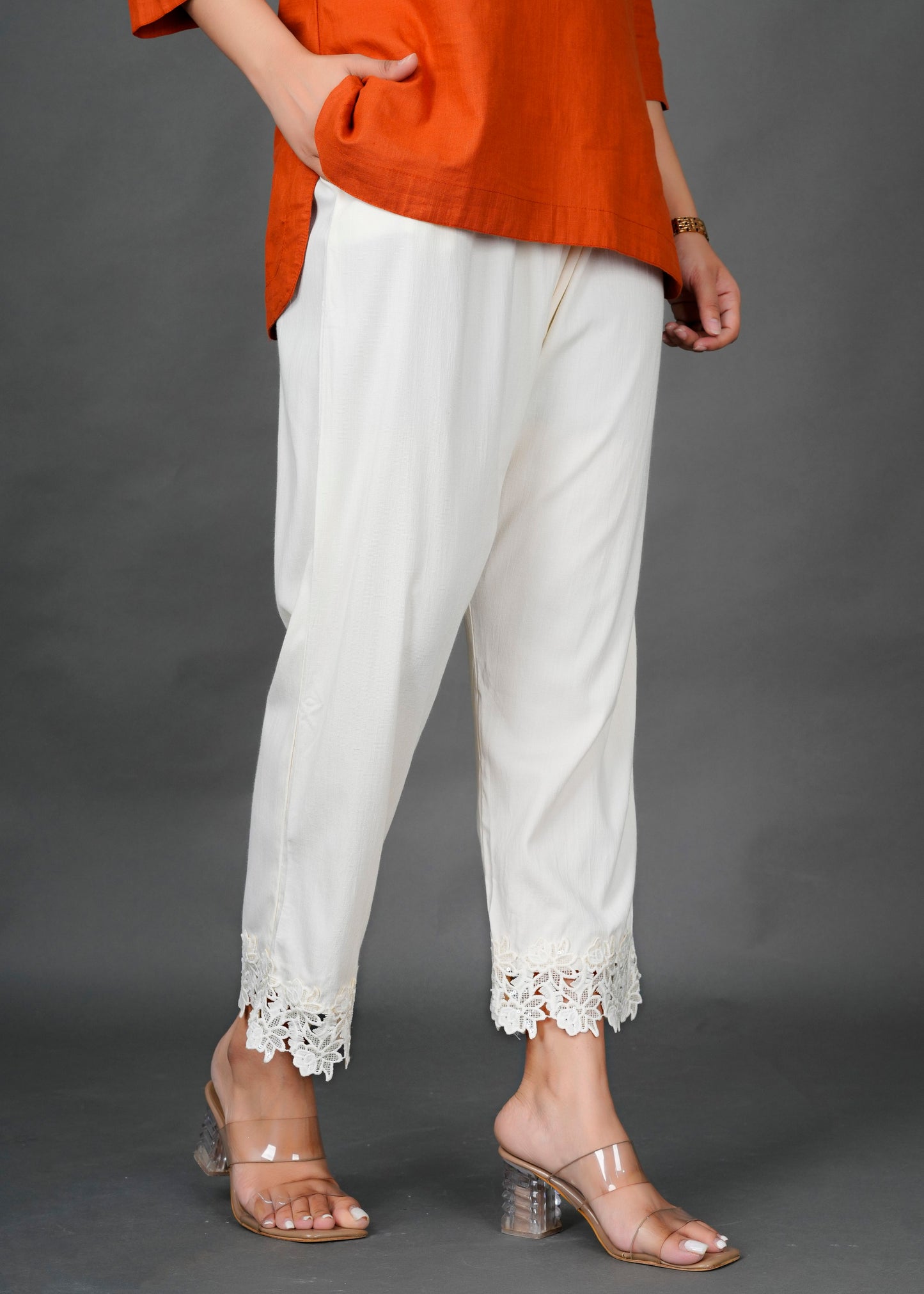 Rust Kurti with White Lace Pant