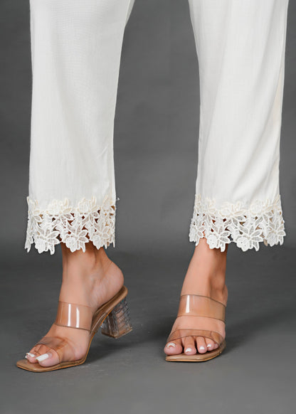 Rust Kurti with White Lace Pant