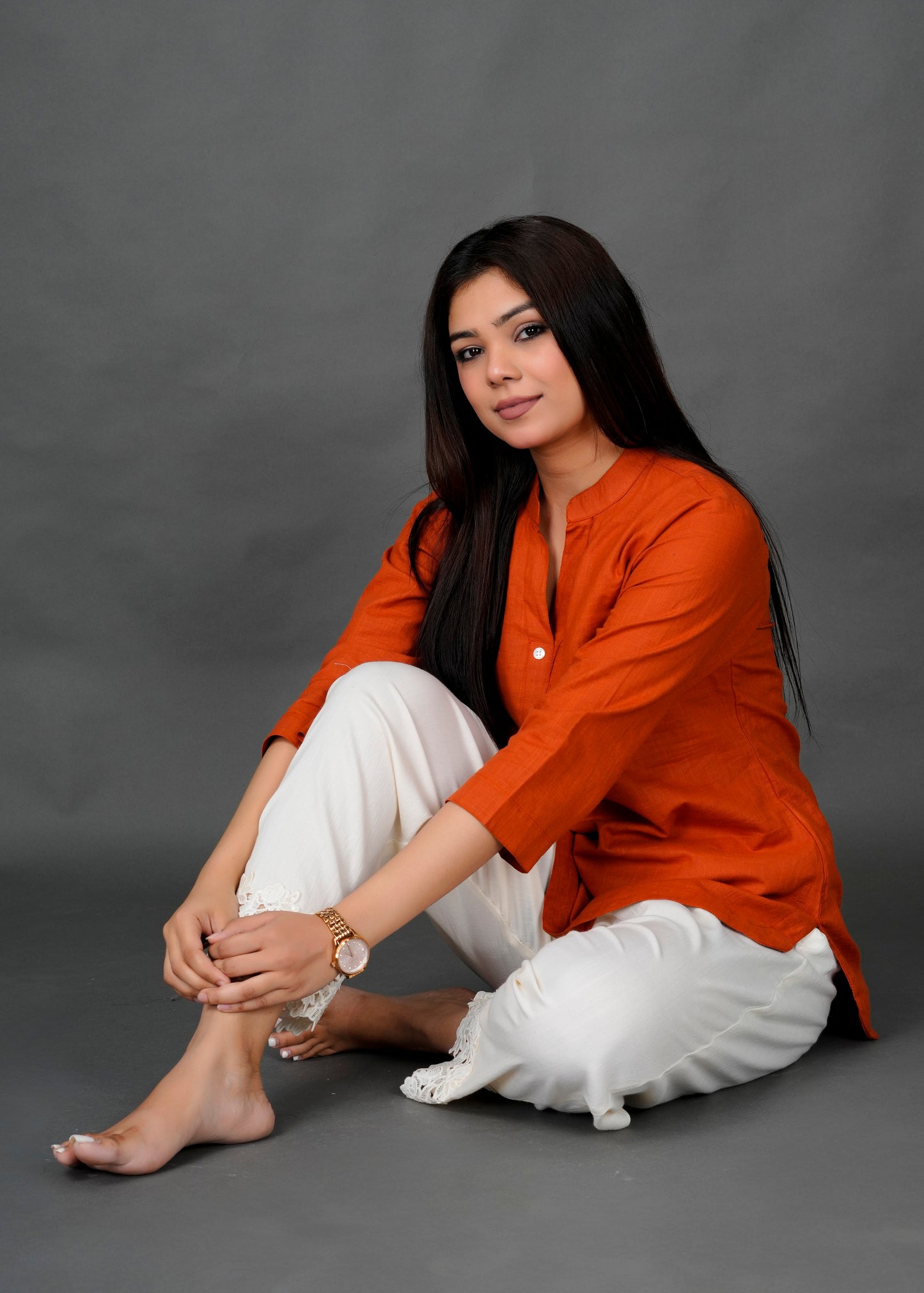 Rust Kurti with White Lace Pant