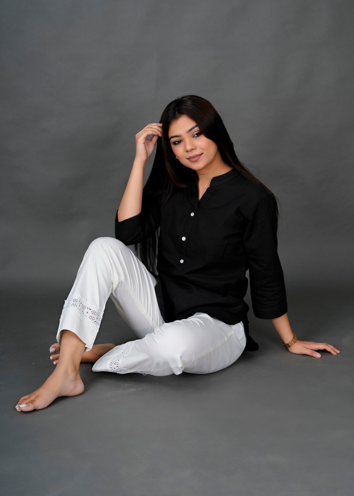 Black Kurti With White Lace Pant