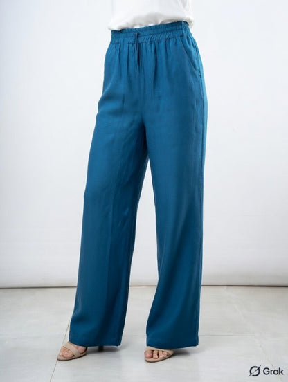 Pecock Blue Cotton Wide Leg Pant