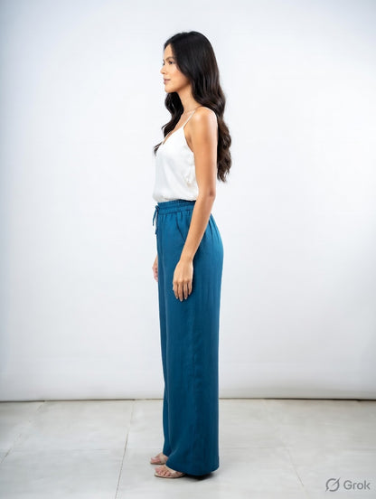 Pecock Blue Cotton Wide Leg Pant