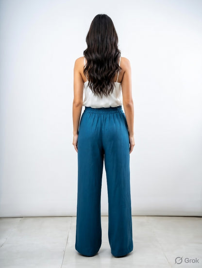 Pecock Blue Cotton Wide Leg Pant