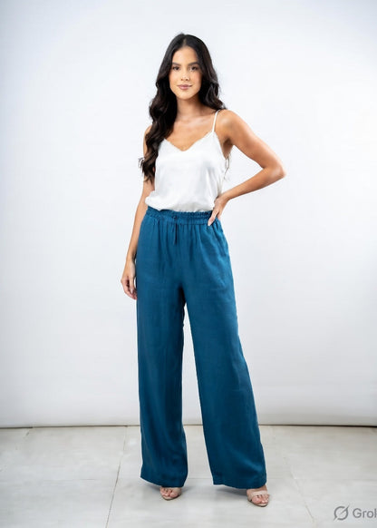 Pecock Blue Cotton Wide Leg Pant