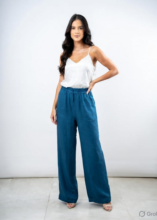 Pecock Blue Cotton Wide Leg Pant