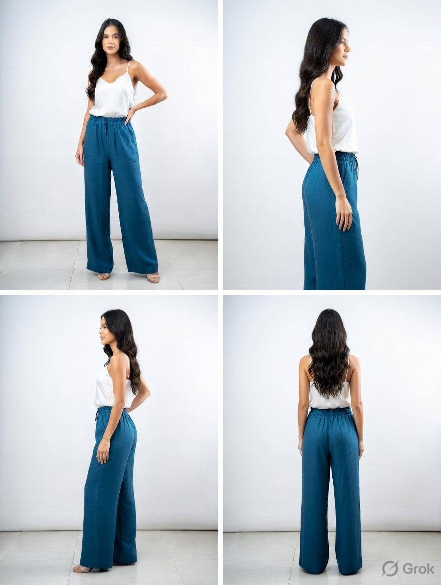 Pecock Blue Cotton Wide Leg Pant
