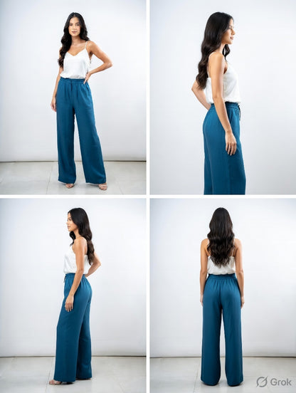 Pecock Blue Cotton Wide Leg Pant