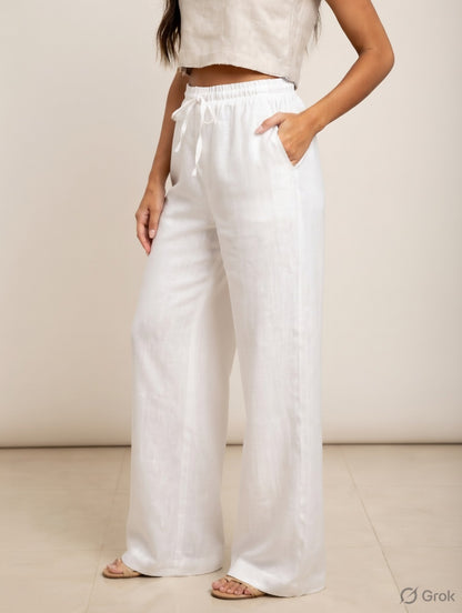 White Cotton Wide Leg  Pant