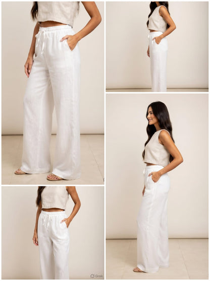 White Cotton Wide Leg  Pant