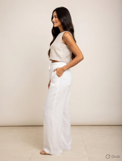 White Cotton Wide Leg  Pant
