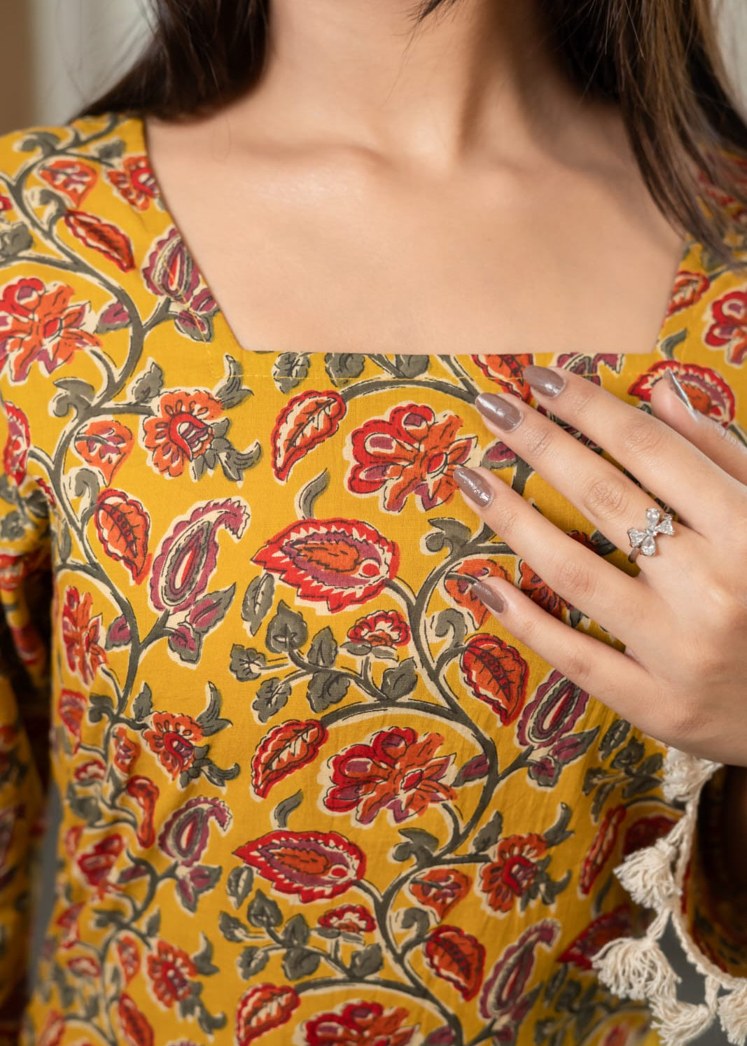 Mustard Floral Printed Tassel Kurti