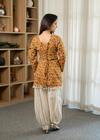 Mustard Floral Printed Tassel Kurti